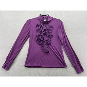 VTG 5-7-9 Purple Blouse Womens Ruffle Jabot High Neck Long Sleeve Sz M